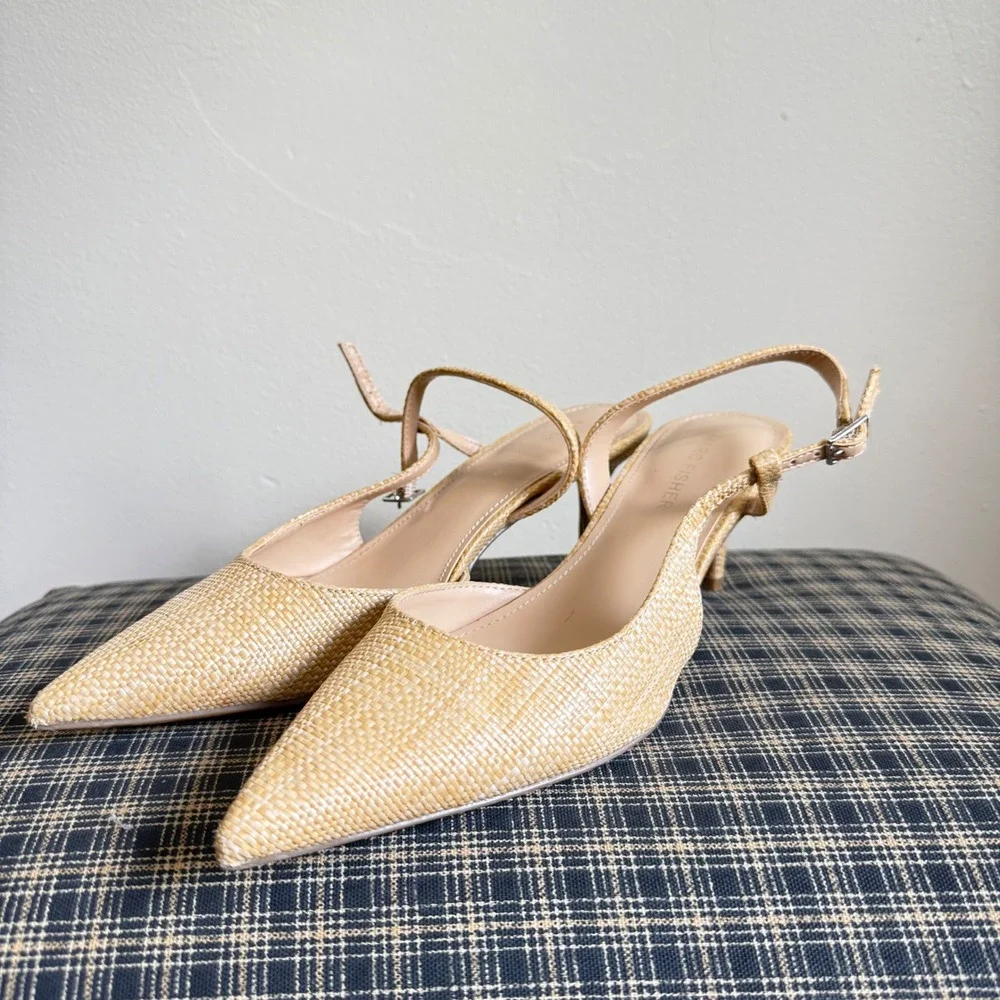 Marc Fisher Zala Woven Raffia Slingback Kitten Heel Pump Size 7.5 Tan